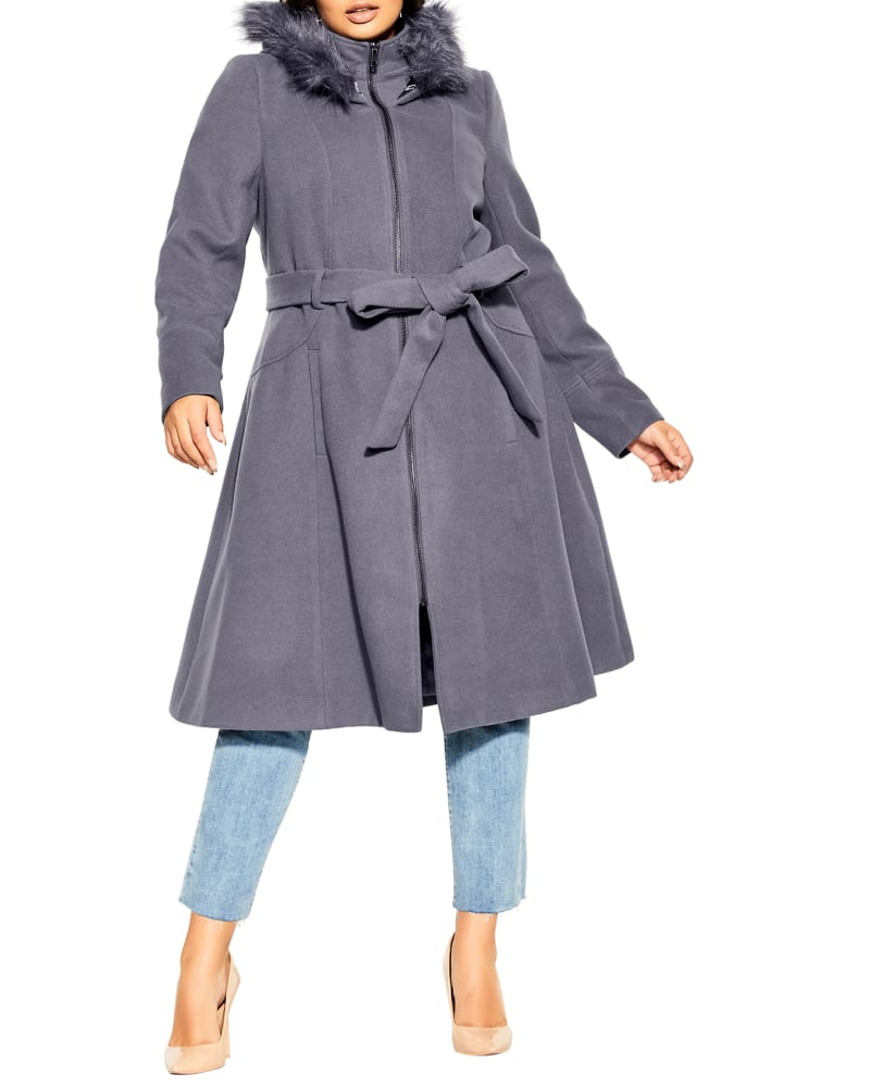 Front of a model wearing a size S Miss Mysterious Coat in Slate by City Chic. | dia_product_style_image_id:317930